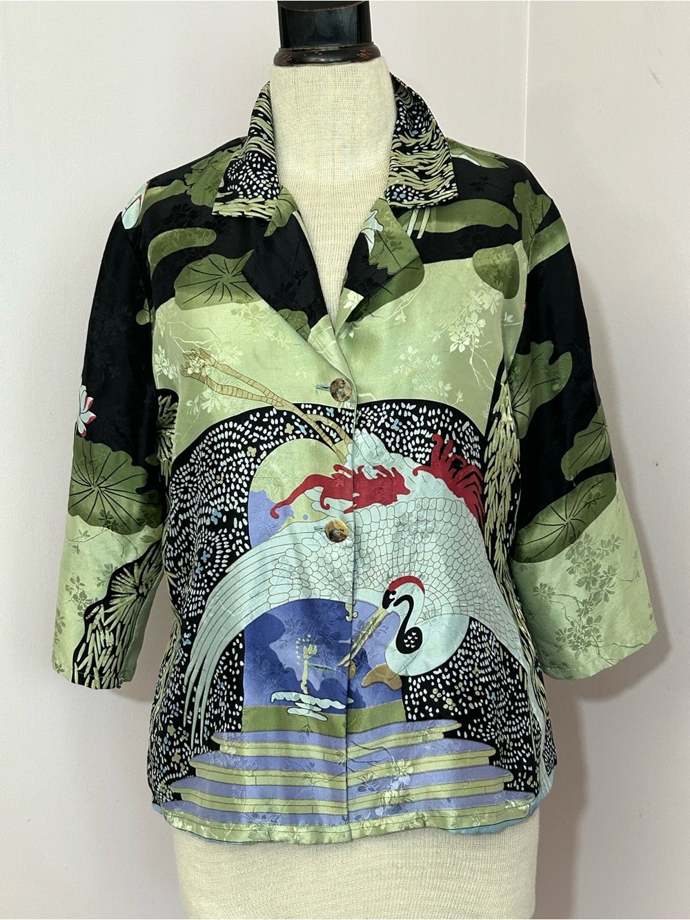 Citron Silk Crane Motif Blouse Medium